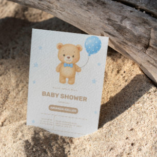 Simple Baby Bear Blue Balloon Baby Shower Invitation