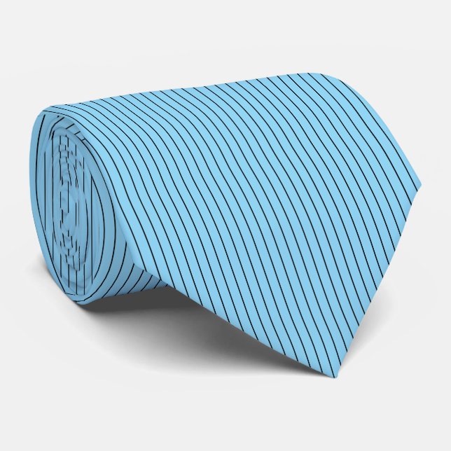 Simple Baby Blue Dark Blue Thin Vertical Stripes Tie (Rolled)
