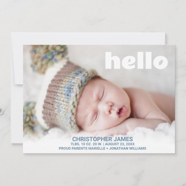 Simple Baby Boy Photo Blue Script Hello Birth Announcement (Front)