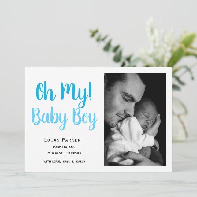 Simple Baby Boy Photo Collage Birth Announcement (Standing Front)