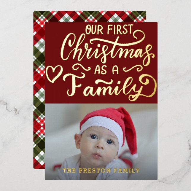 Simple Baby First Christmas Photo Collage Red  Foil Holiday Card (Front/Back)