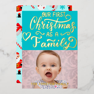 Simple Baby First Christmas Photo Collage Red Foil Holiday Card