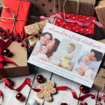 Simple Baby First Christmas Photo Collage Red Holiday Card<br><div class="desc">This simple modern photo holiday card is the perfect perfect way to tell your family and friends it is baby's first Christmas. The design features a three photo collage with and simple typography to personalise with your baby's name, a short holiday wish and your family name. The reverse side is...</div>