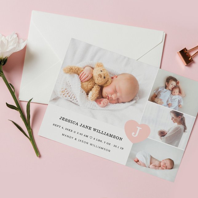 Simple Baby Girl Photo Collage Pink Monogram Heart Announcement (Creator Uploaded)