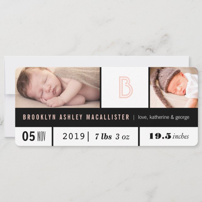Simple Baby Girl Stats Pink Monogram 2 Photo Birth Announcement (Front)