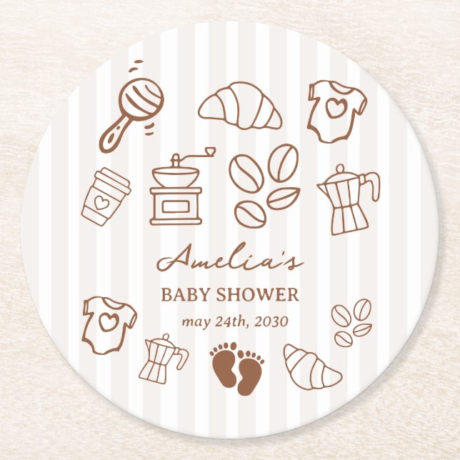 Simple Baby Is Brewing Doodle Coffee Baby Shower Round Paper Coaster (Front)