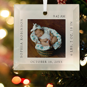 Simple Baby Name & Birth Stats Photo Keepsake Glass Tree Decoration