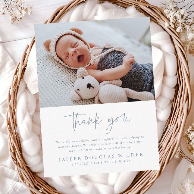 Simple Baby Photo Birth Stats Thank You Card (Minimal script baby photo thank you cards.)