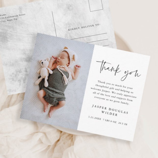 Simple Baby Photo Birth Stats Thank You Postcard (Modern script simple black and white baby photo thank you note postcards.)