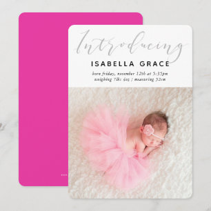 SIMPLE BABY PHOTO modern introducing girl pink Announcement