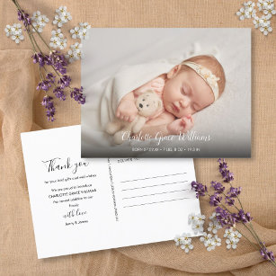 Simple Baby Photo Thank You Elegant Script Birth  Announcement Postcard