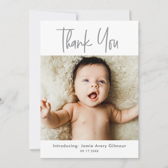 Simple Baby Photo Thank You Script Birth Card (Front)