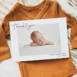 Simple Baby Photo Thank You Script Heart Birth Announcement<br><div class="desc">This stylish and simple photo birth template announcement 2-sided card features a photo of your newborn baby boy or girl, custom message that can be personalised, hand lettered typography text that says "Thank you" with a heart in-between the words. You can add a brief thank you message and the baby's...</div>