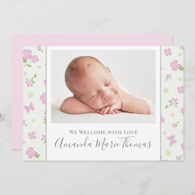 Simple Baby Pink Stylish Photo Calligraphy Script Announcement (Front/Back)