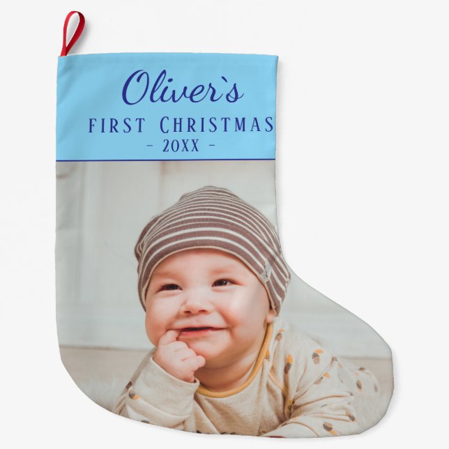 Simple Baby`s First Christmas Photo Large Christmas Stocking (Front)