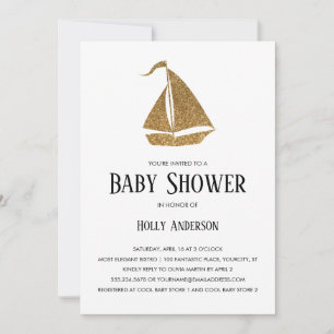 Simple Baby Shower Faux Gold Glitter Sailboat Invitation