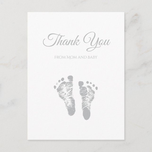 Simple Baby Shower Thank You Modern Grey Footprint Postcard (Front)