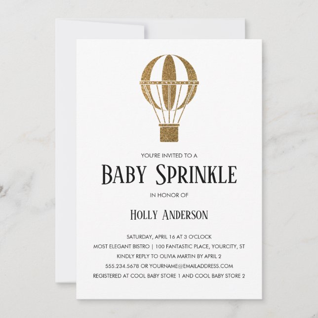 Simple Baby Sprinkle Gold Glitter Hot Air Balloon Invitation (Front)