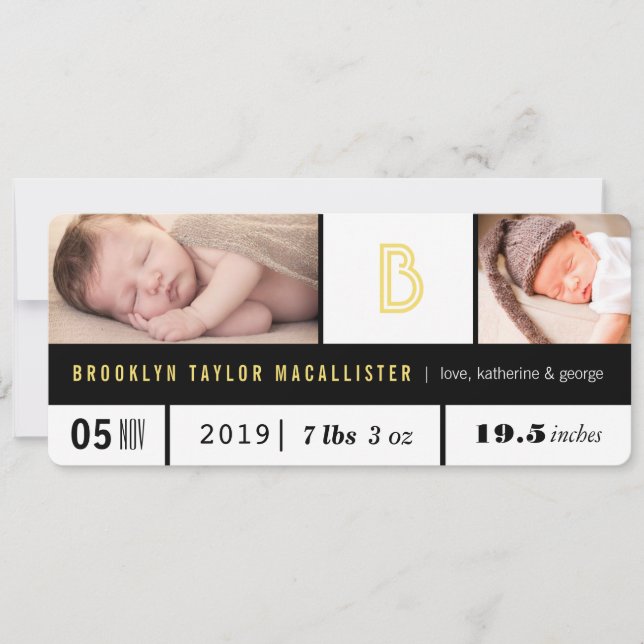 Simple Baby Stats Yellow Monogram 2 Photo Birth Announcement (Front)