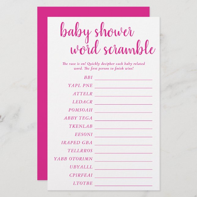 Simple Baby Word Scramble | Hot Pink Game Card (Front/Back)