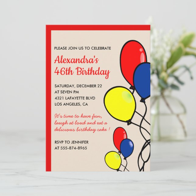 Simple Balloons 46th birthday invitations  (Standing Front)