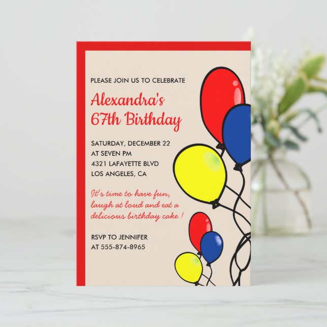 Simple Balloons 67th birthday invitations  (Standing Front)