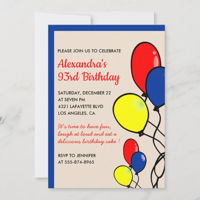 Simple Balloons 93rd birthday invitations  (Front)