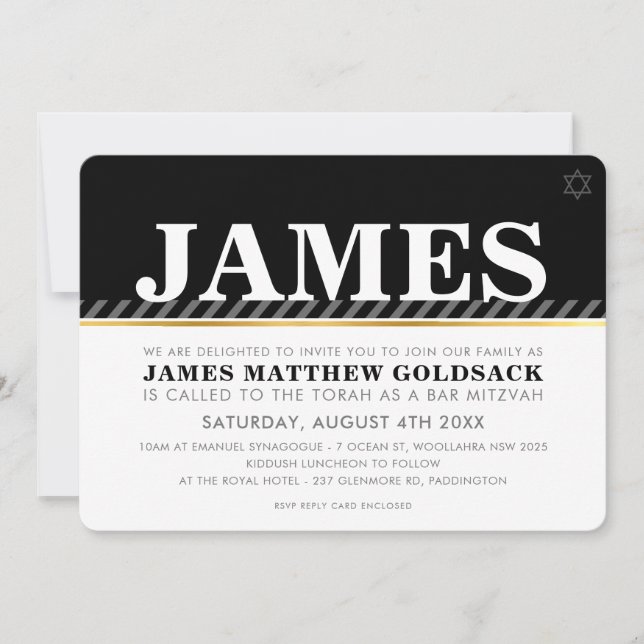 SIMPLE BAR MITZVAH modern jewish star black white Invitation (Front)