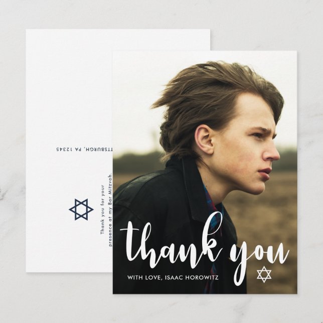 Simple Bar Mitzvah Thank You Star of David Photo Postcard (Front/Back)