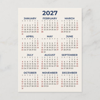 Simple Basic 2027 Calendar Minimal Your Colours Postcard