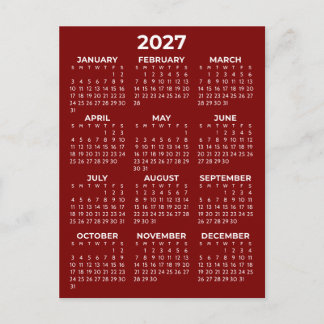 Simple Basic Burgundy Red 2027 Calendar Minimal Postcard
