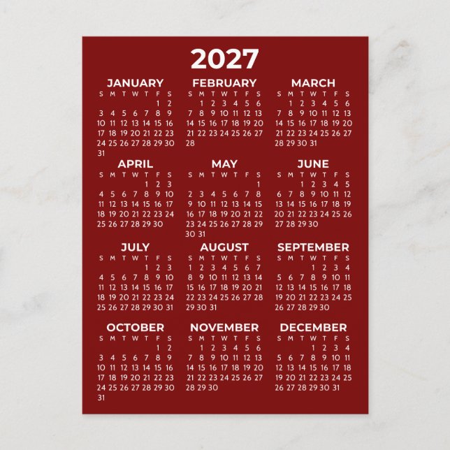 Simple Basic Burgundy Red 2027 Calendar Minimal Postcard (Front)