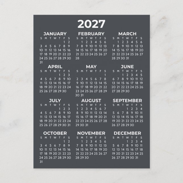 Simple Basic Grey 2027 Calendar Minimal Postcard (Front)