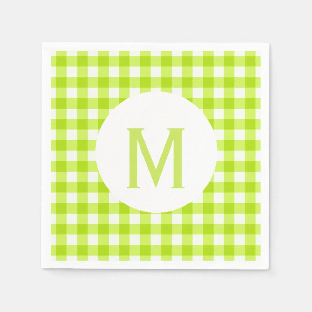 Simple Basic Lime Green Gingham Monogram Napkin (Front)