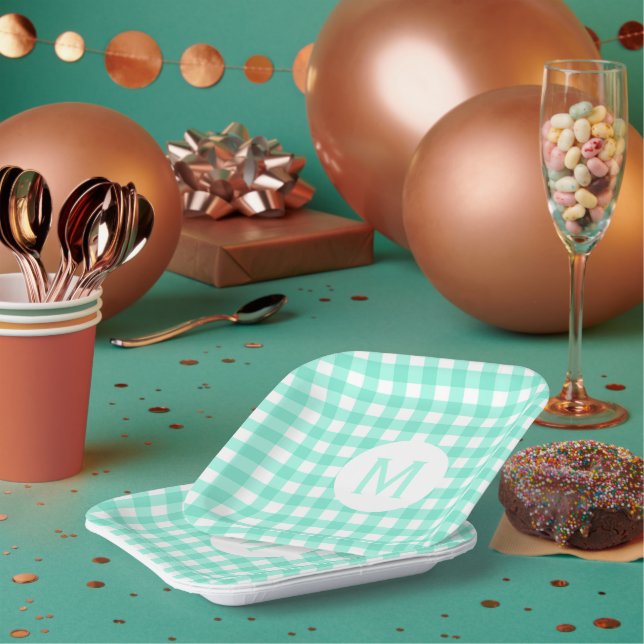 Simple Basic Mint Green Gingham Monogram Paper Plate (Multi)