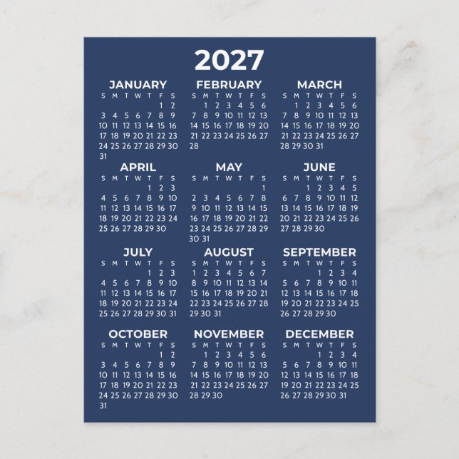 Simple Basic Navy Blue 2027 Calendar Minimal Postcard (Front)