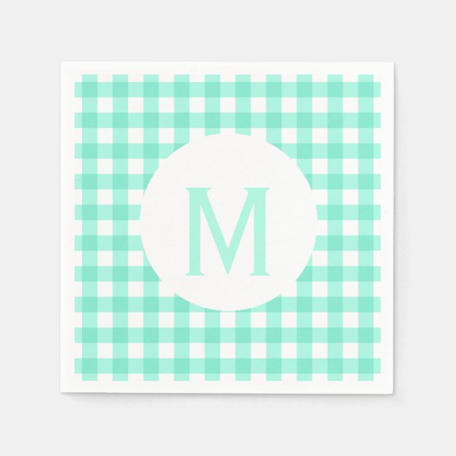 Simple Basic Neo Mint Green Gingham Monogram Napkin (Front)