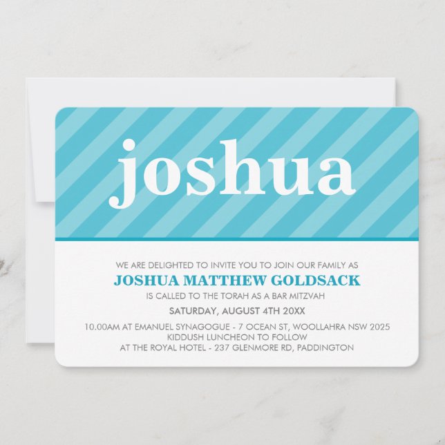 SIMPLE BAT MITZVAH cute stripe pattern aqua blue Invitation (Front)