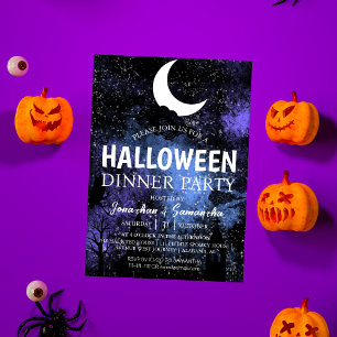 Simple Bats Night Full Moon Halloween Dinner Party Invitation