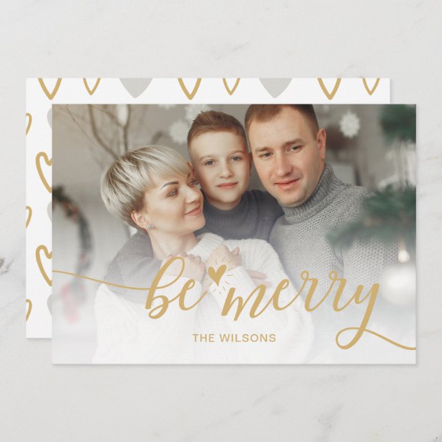 Simple Be Merry Script Hearts Cute Gold photo  Holiday Card (Front/Back)