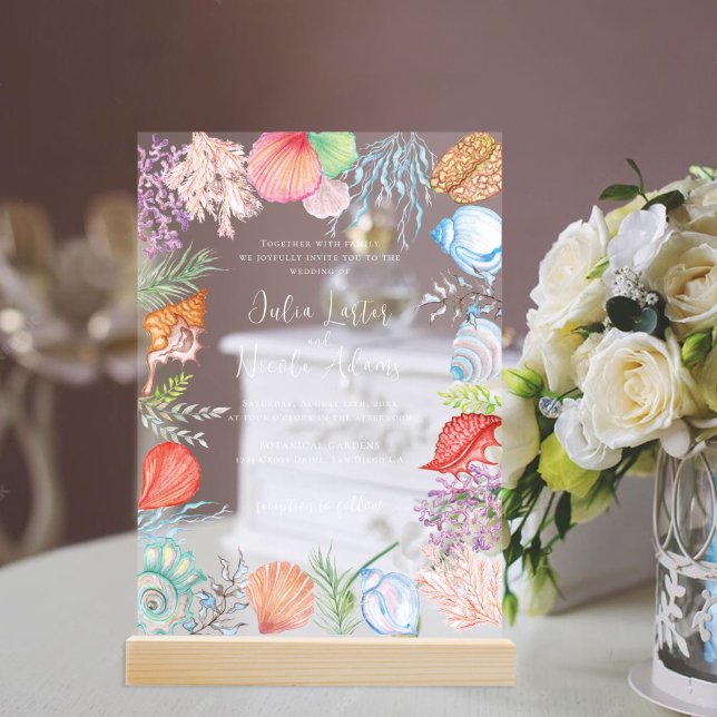 Simple Beach Blue Ocean Seashell Wedding Acrylic Invitations (Creator Uploaded)