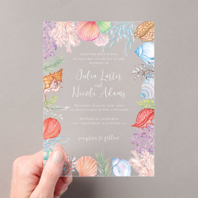 Simple Beach Blue Ocean Seashell Wedding Acrylic Invitations (Insitu (Handheld))