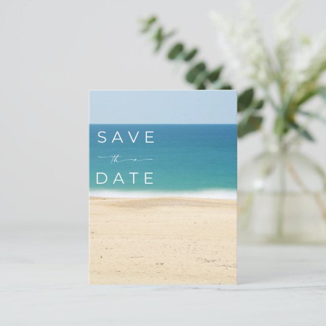 Simple Beach Coastal Wedding Budget Save the Date Announcement Postcard (Standing Front)