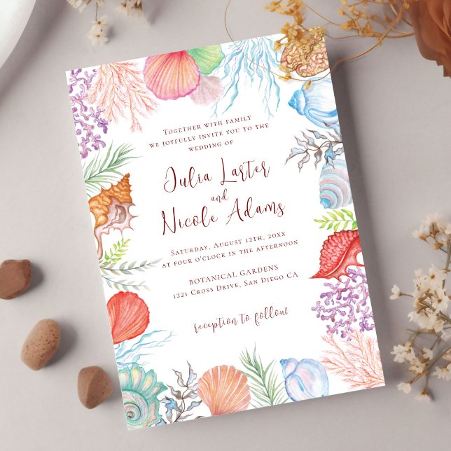 Simple Beach Ocean Seashell Photo Wedding Invitation (Creator Uploaded)