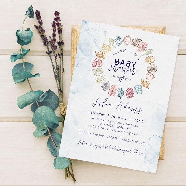 Simple Beach Ocean Seashell Wreath Baby Shower Invitation (Creator Uploaded)