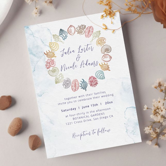 Simple Beach Ocean Seashell Wreath Wedding Invitation (Creator Uploaded)