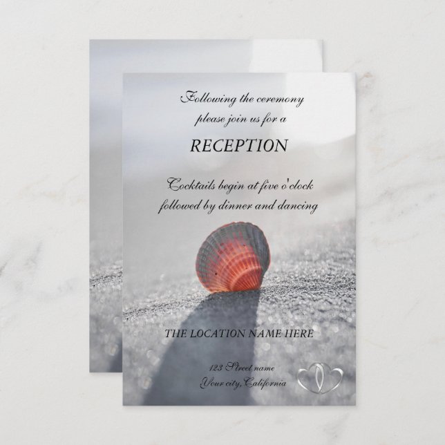 Simple Beach Seashell, Hearts Reception Invitation (Front/Back)