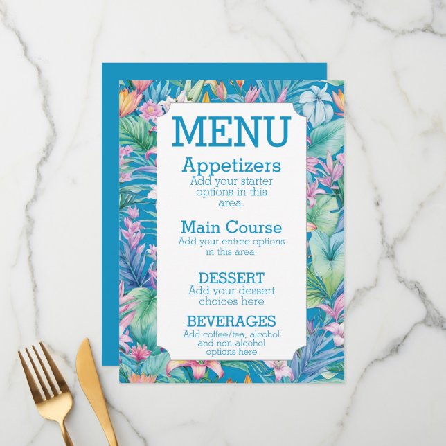 Simple Beach Wedding Menu Tropical Flowers (Front/Back In Situ)