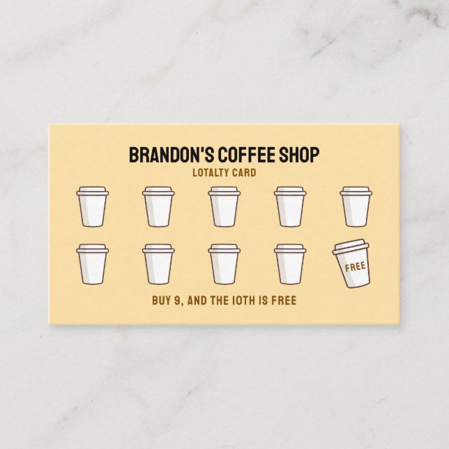 Simple Beige and Black Takeaway Cups Coffee Shop Loyalty Card (Front)