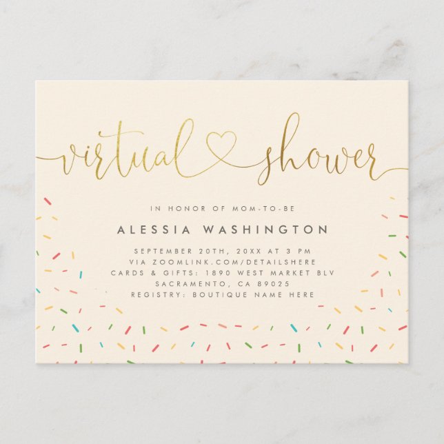 Simple Beige & Gold Calligraphy Virtual Shower Invitation Postcard (Front)